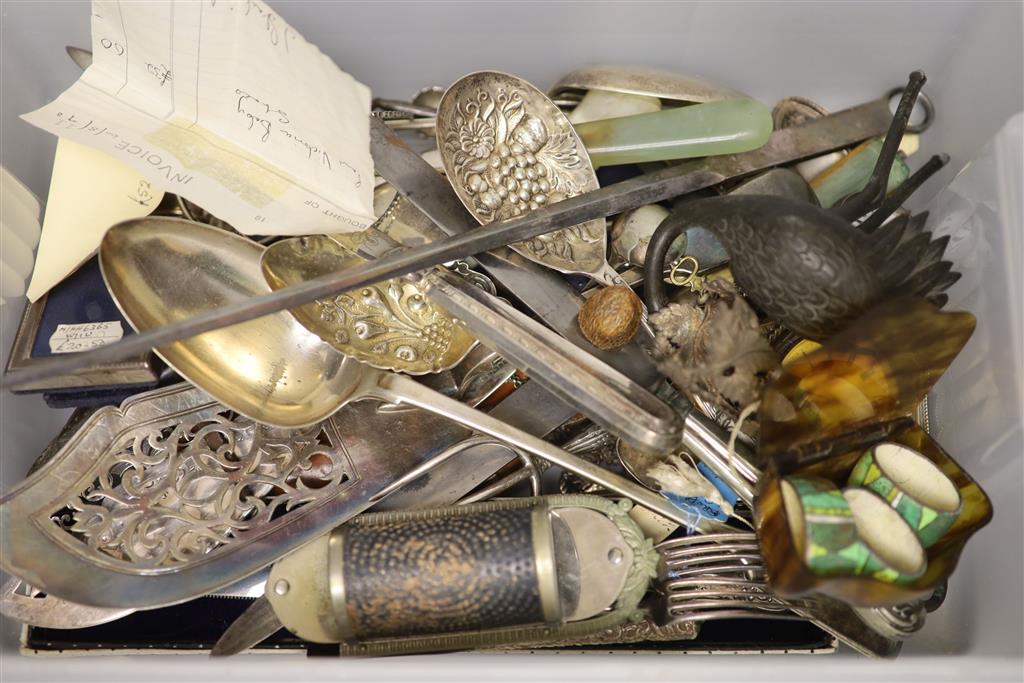 Assorted items including posy holder, plated cutlery, small silver mounted photograph frame, silver pocket watch etc.